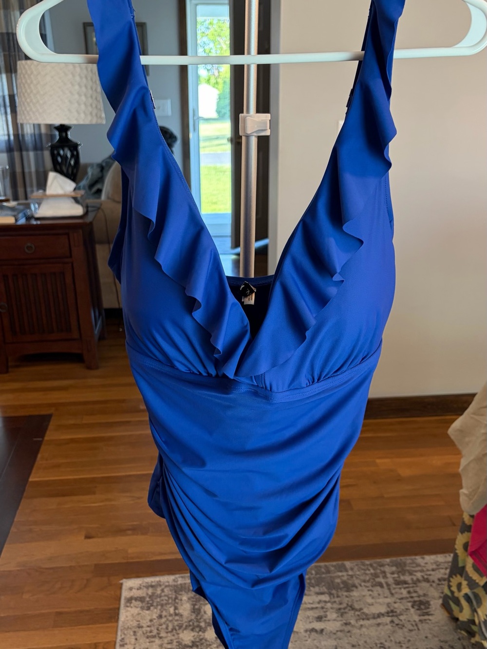 DKNY Royal Blue Ruffled V-Neck One-Piece Swimsuit